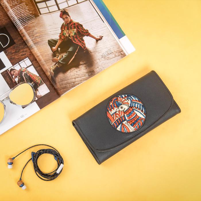 Navy Blue Classic Flap Wallet with Peacock Art