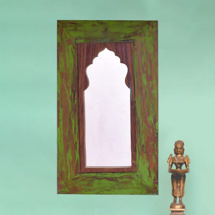 Handpainted Antique Mirror with Vintage Wooden Frame - Parrot Green