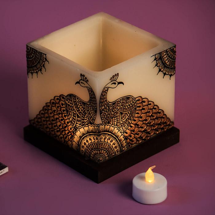 Medium Cuboid Hollow Candle with Peacock Art in Copper