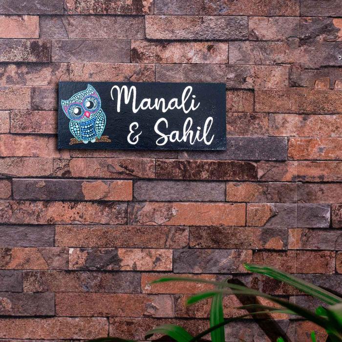 Handpainted Rectangular Owl Dot Art Nameplate for Kids