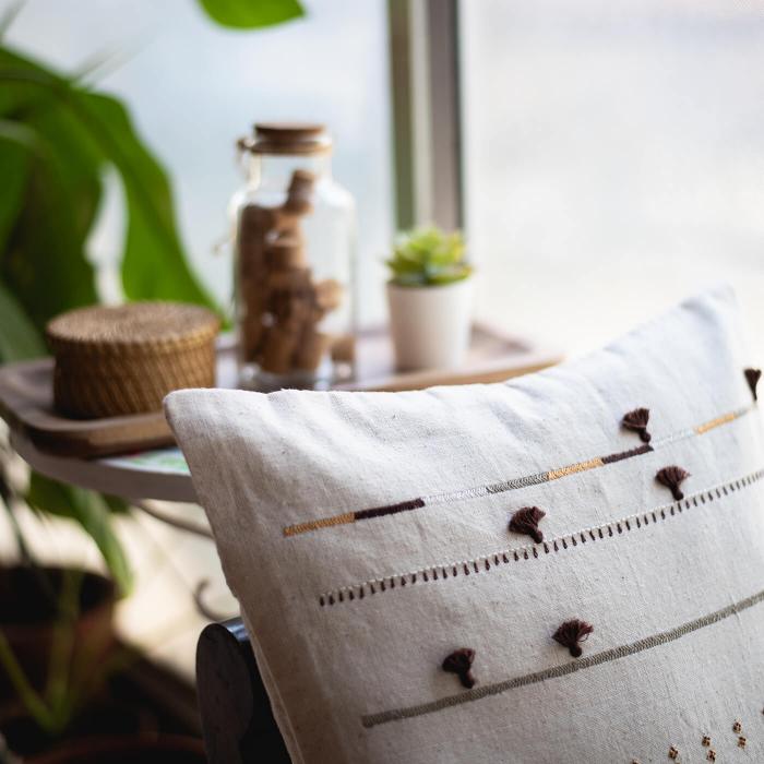 Hand-embroidered Natural and Brown Cushion Cover - 40 x 40 cm