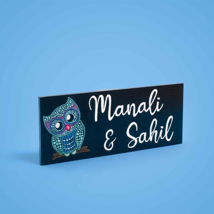 Handpainted Rectangular Owl Dot Art Nameplate for Kids