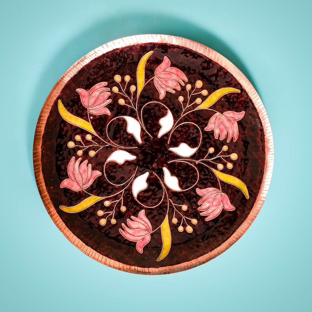 Copper Enamel Wall Plate - Brown Swirling Lotus