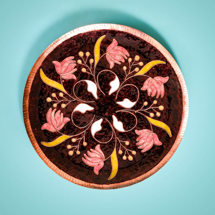 Copper Enamel Wall Plate - Brown Swirling Lotus
