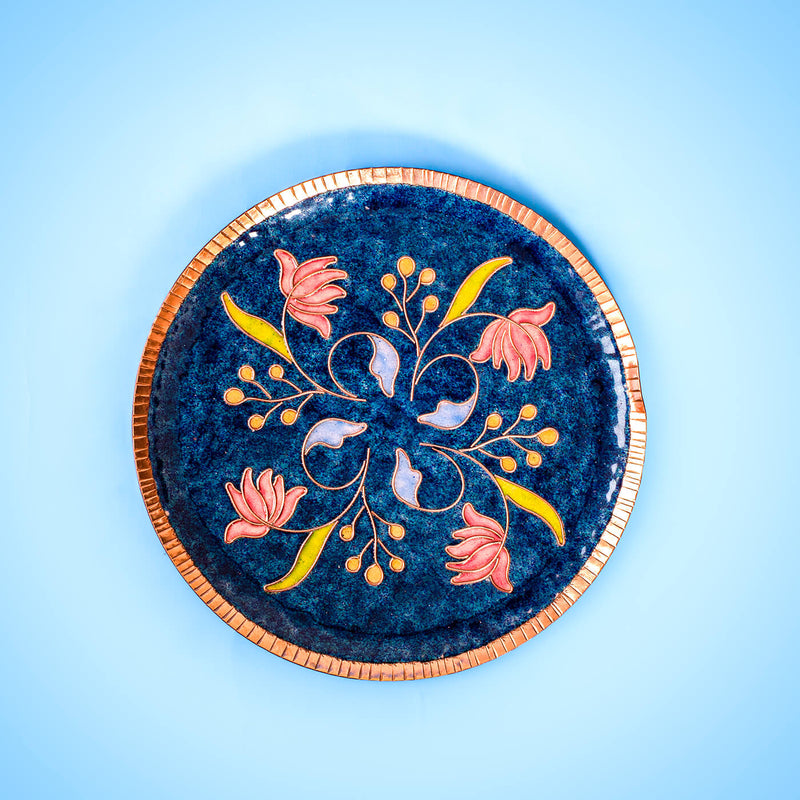 Copper Enamel Wall Plate - Blue Swirling Lotus - Traditional Indian Wall Decor