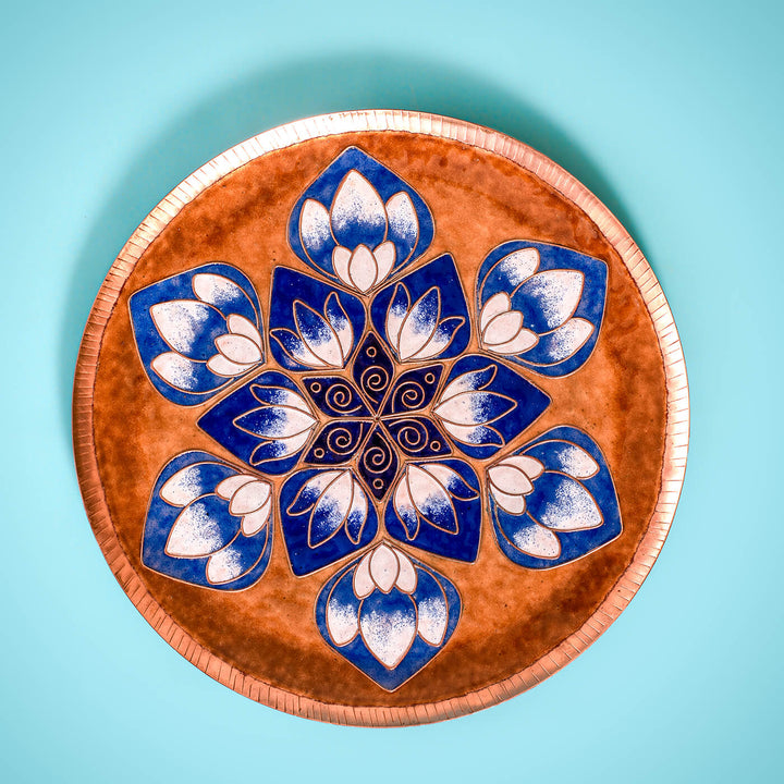 Copper Enamel Wall Plate - Brown & Blue Lotus in the Petal