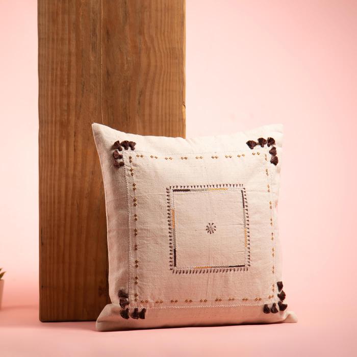 Hand-embroidered Brown and Natural Cushion Cover - 40 x 40 cm