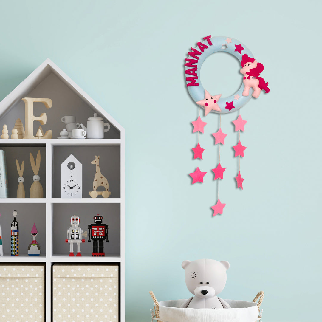 Handmade Personalized Pony Themed Felt Kids Name Hanging with Stars