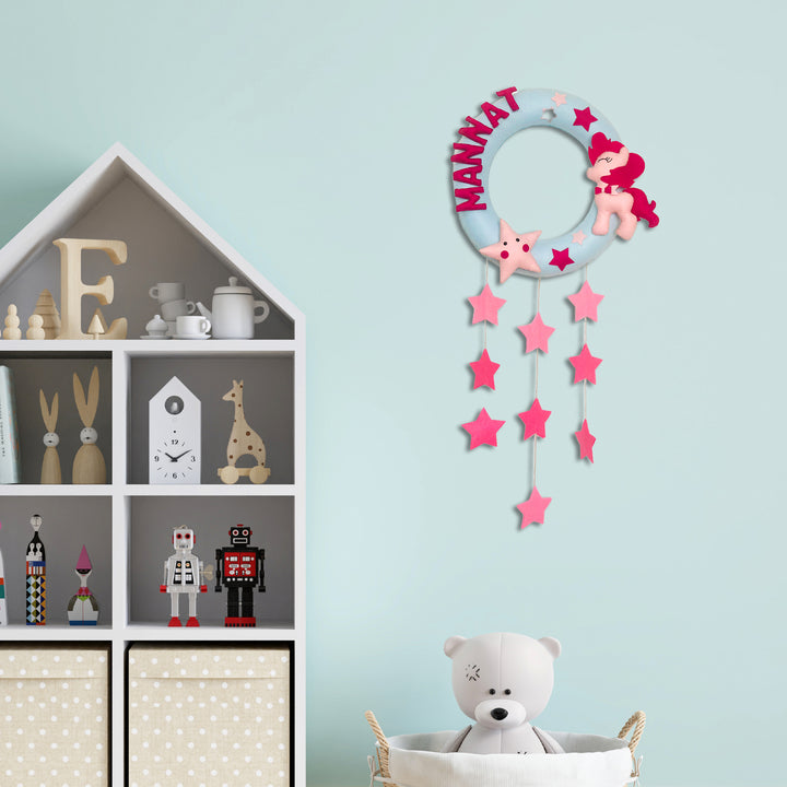 Handmade Personalized Pony Themed Felt Kids Name Hanging with Stars