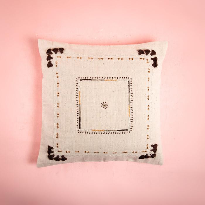 Hand-embroidered Brown and Natural Cushion Cover - 40 x 40 cm