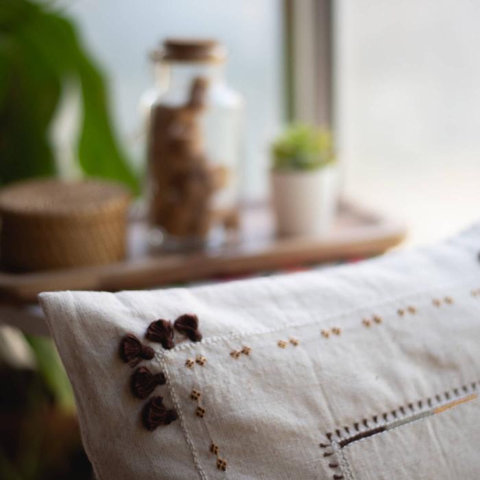 Hand-embroidered Brown and Natural Cushion Cover - 40 x 40 cm