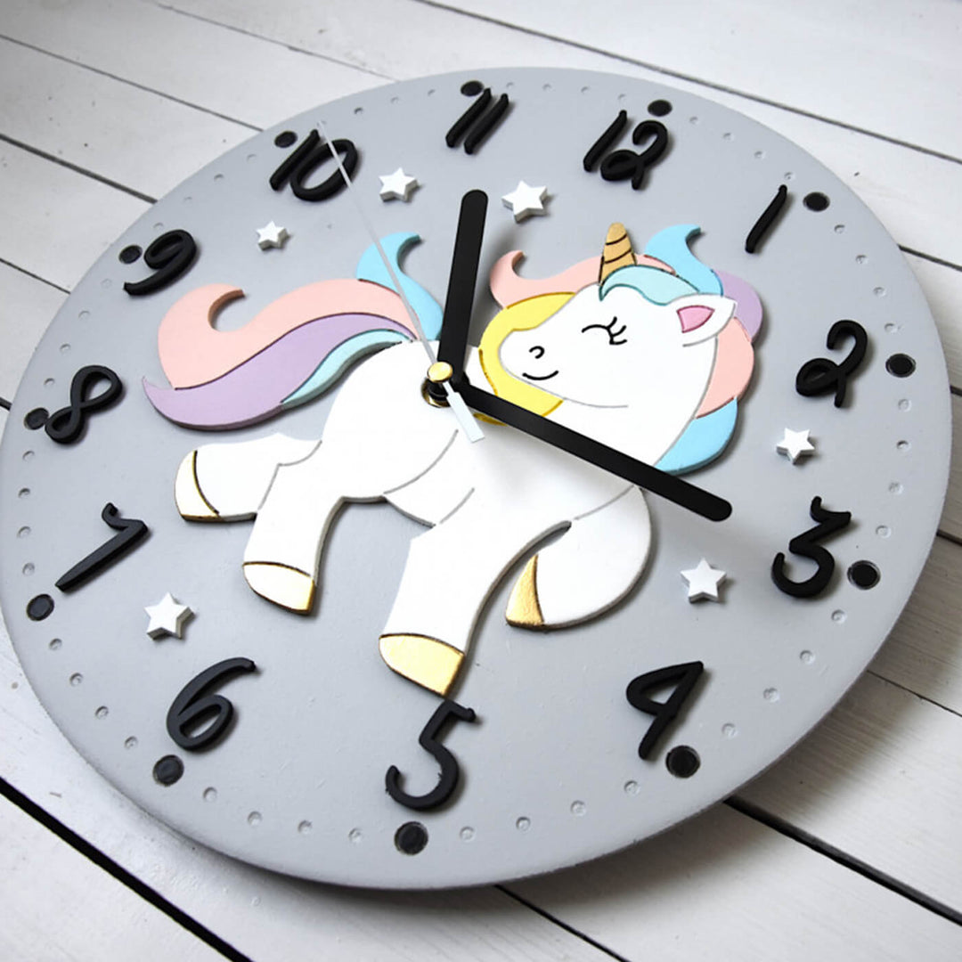 Hand Painted Unicorn Themed Wall Clock for Kids