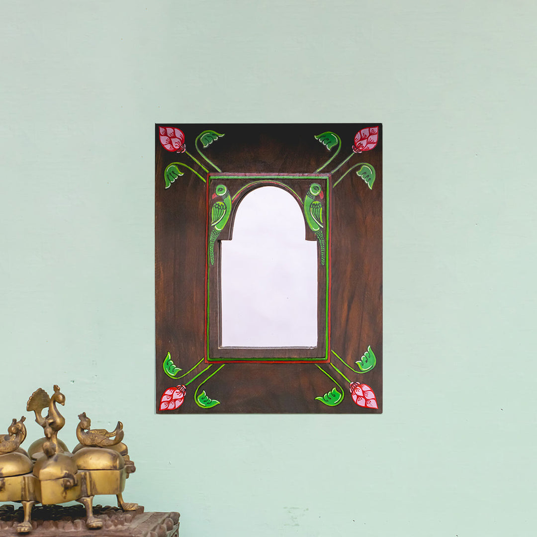Handpainted Pattachitra Mirror with Vintage Wooden Frame - Parrot
