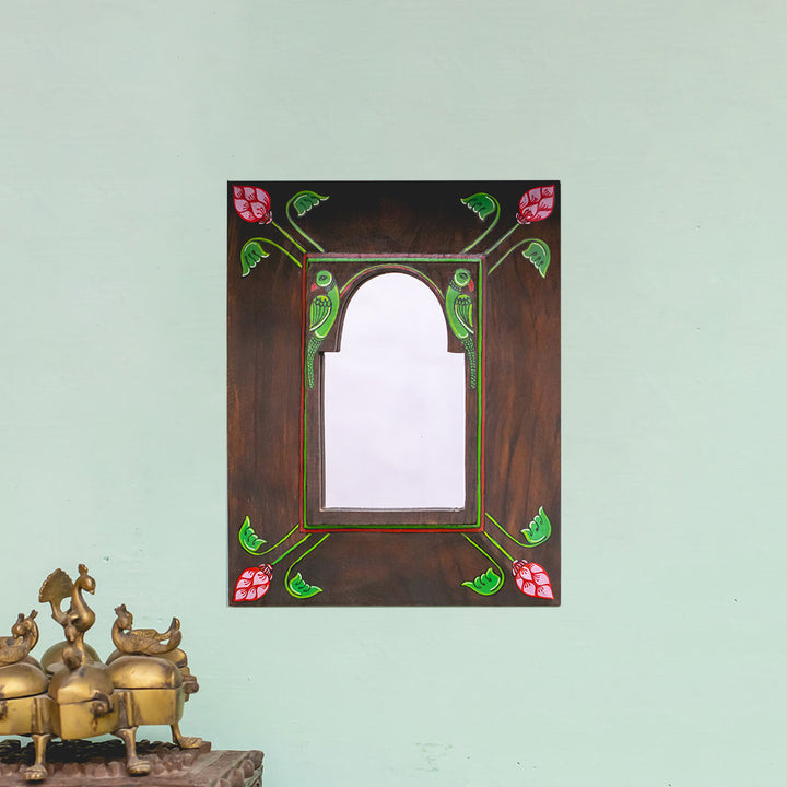 Handpainted Pattachitra Mirror with Vintage Wooden Frame - Parrot