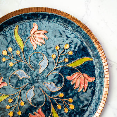 Copper Enamel Wall Plate - Blue Swirling Lotus - Traditional Indian Wall Decor