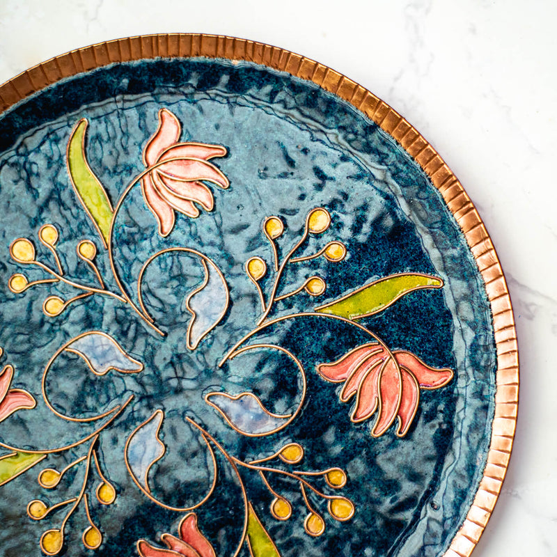 Copper Enamel Wall Plate - Blue Swirling Lotus - Traditional Indian Wall Decor
