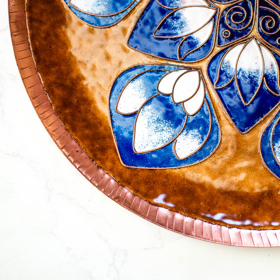 Copper Enamel Wall Plate - Brown & Blue Lotus in the Petal