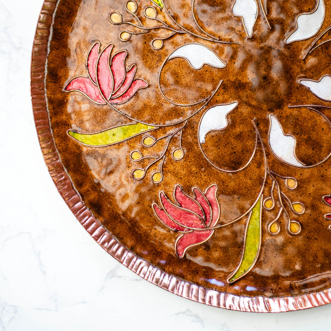 Copper Enamel Wall Plate - Light Brown Swirling Lotus
