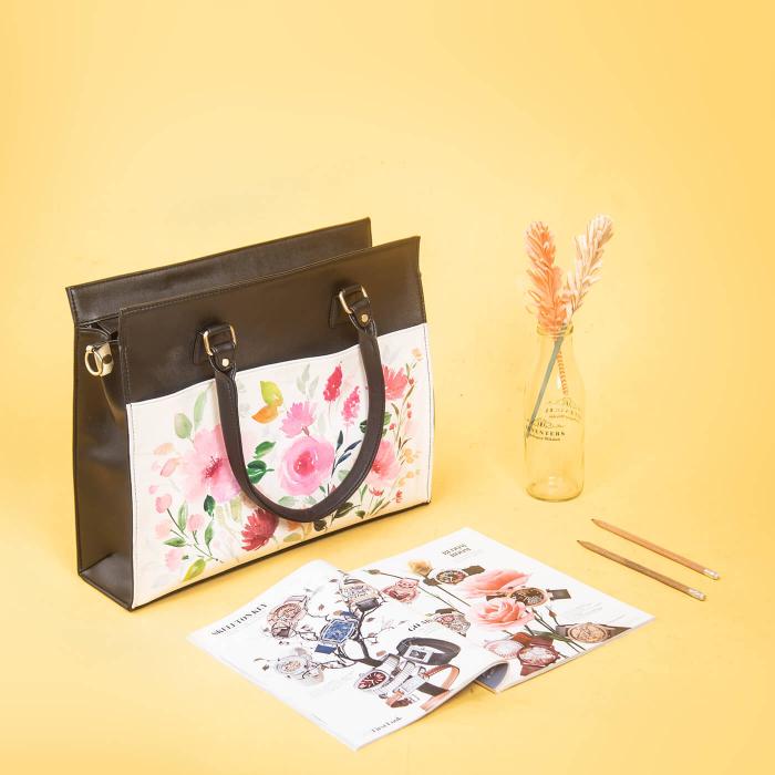Floral Black Laptop Tote in Faux Leather