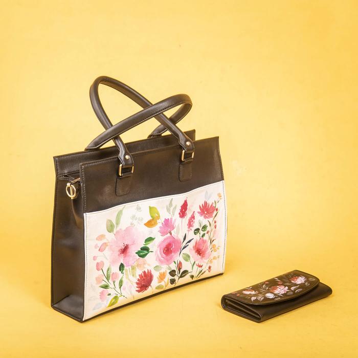 Floral Black Laptop Tote in Faux Leather