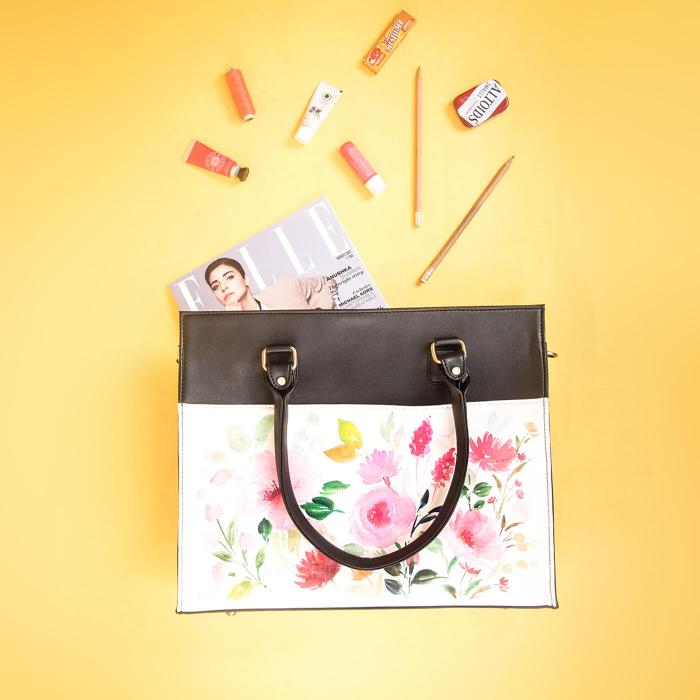 Floral Black Laptop Tote in Faux Leather