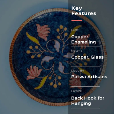 Copper Enamel Wall Plate - Blue Swirling Lotus - Traditional Indian Wall Decor