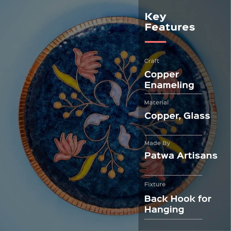 Copper Enamel Wall Plate - Blue Swirling Lotus - Traditional Indian Wall Decor