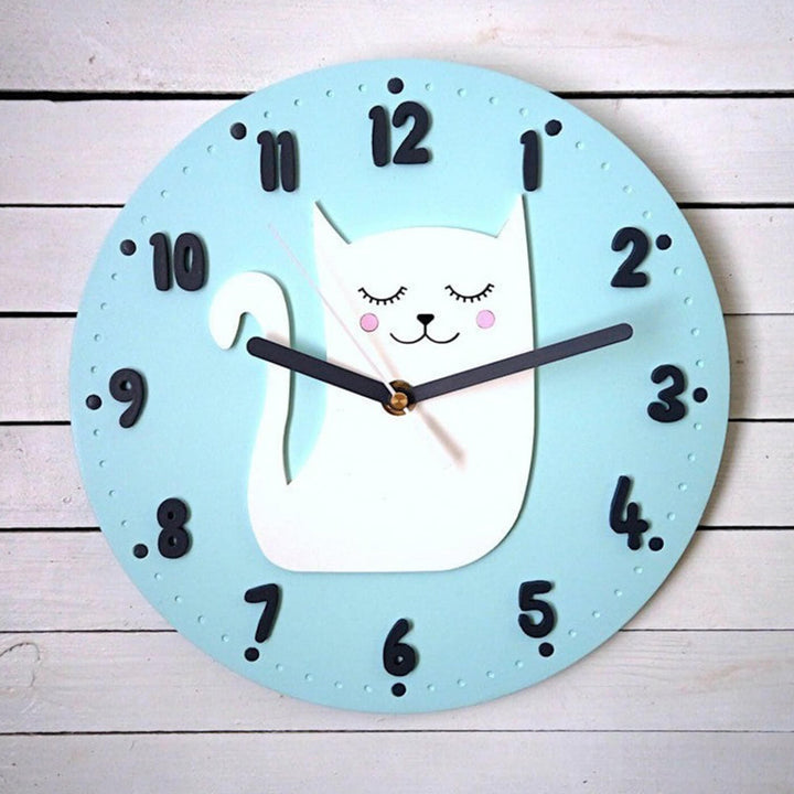 Cute White Cat Themed Wall Clock for Kids