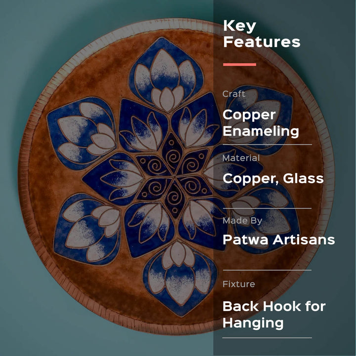Copper Enamel Wall Plate - Brown & Blue Lotus in the Petal