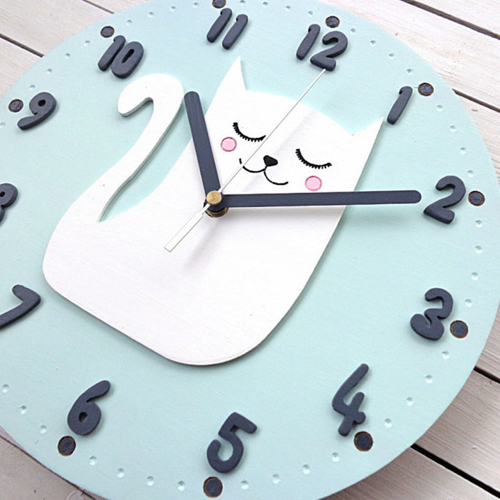 Cute White Cat Themed Wall Clock for Kids
