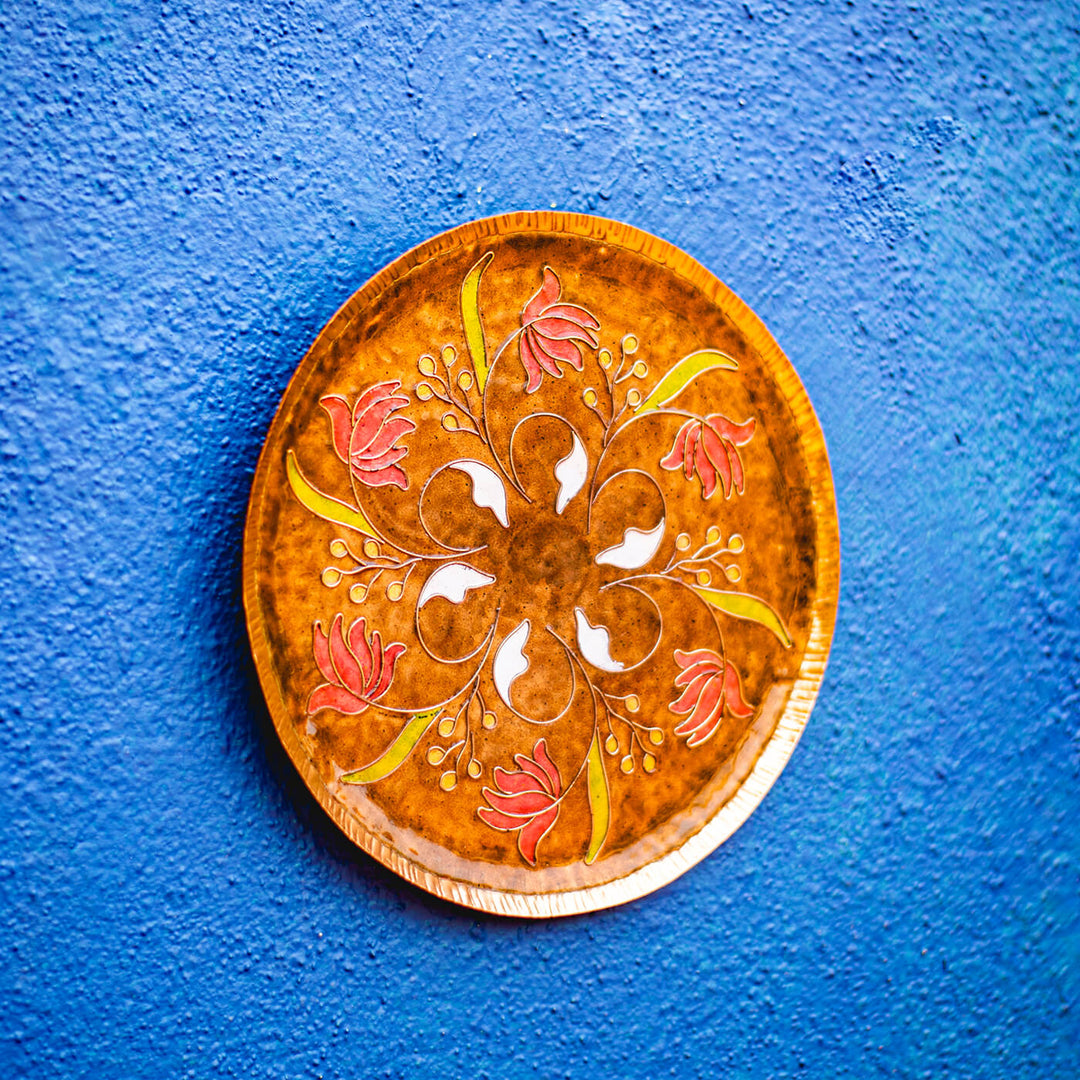 Copper Enamel Wall Plate - Light Brown Swirling Lotus