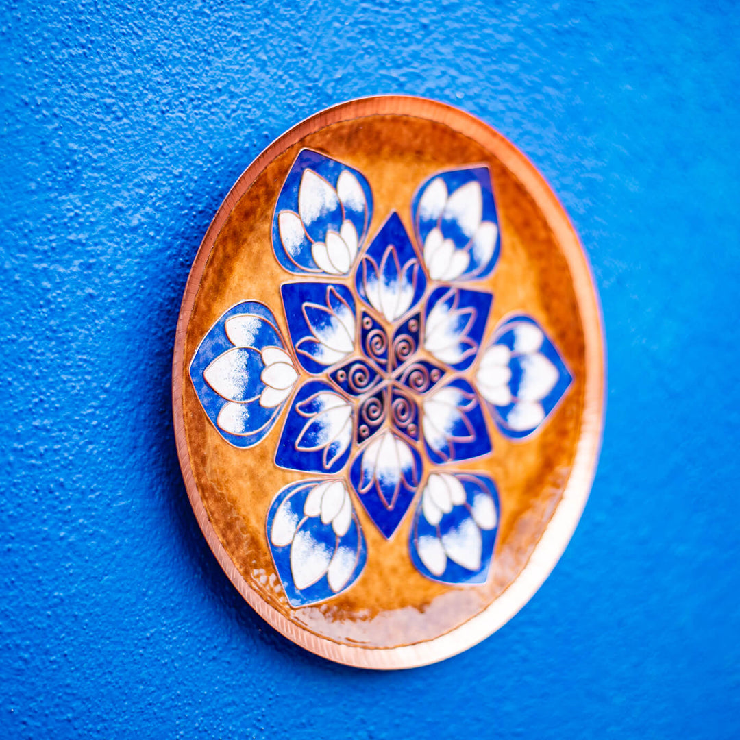 Copper Enamel Wall Plate - Brown & Blue Lotus in the Petal