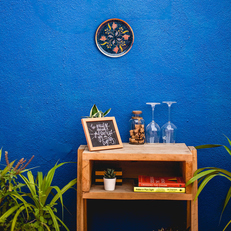 Copper Enamel Wall Plate - Blue Swirling Lotus - Traditional Indian Wall Decor