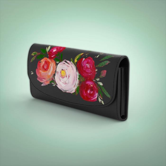 Black Flap Wallet with Multi-color Floral