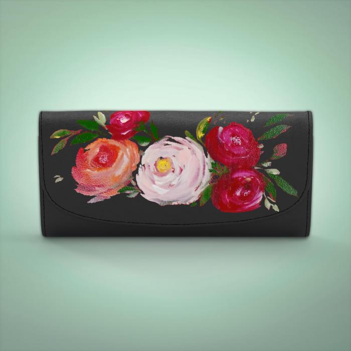 Black Flap Wallet with Multi-color Floral