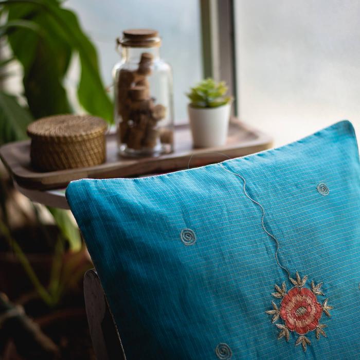 Hand-embroidered Blue Kota Festive with Red Floral Cushion Cover - 40 x 40 cm