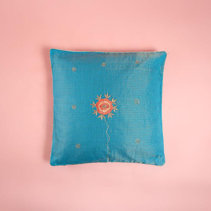 Hand-embroidered Blue Kota Festive with Red Floral Cushion Cover - 40 x 40 cm