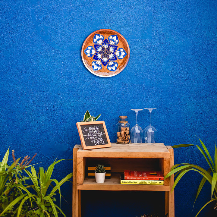 Copper Enamel Wall Plate - Brown & Blue Lotus in the Petal