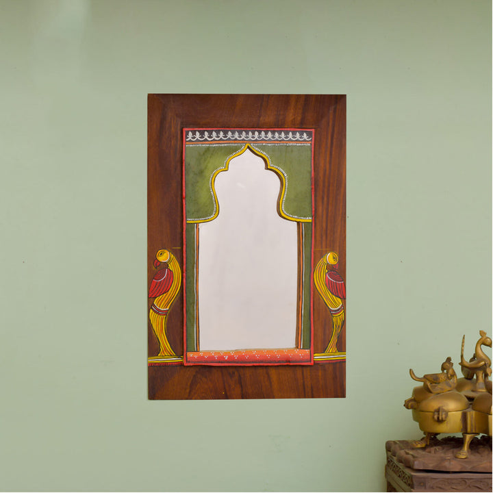 Handpainted Miniature Mirror with Vintage Wooden Frame - Carved Bird