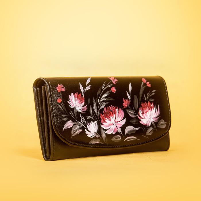 Faux Leather Black Flap Wallet with Floral Art