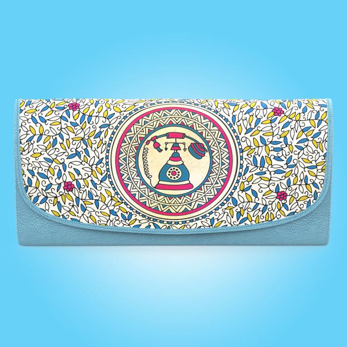 Light Blue Wallet with Vintage Phone Art