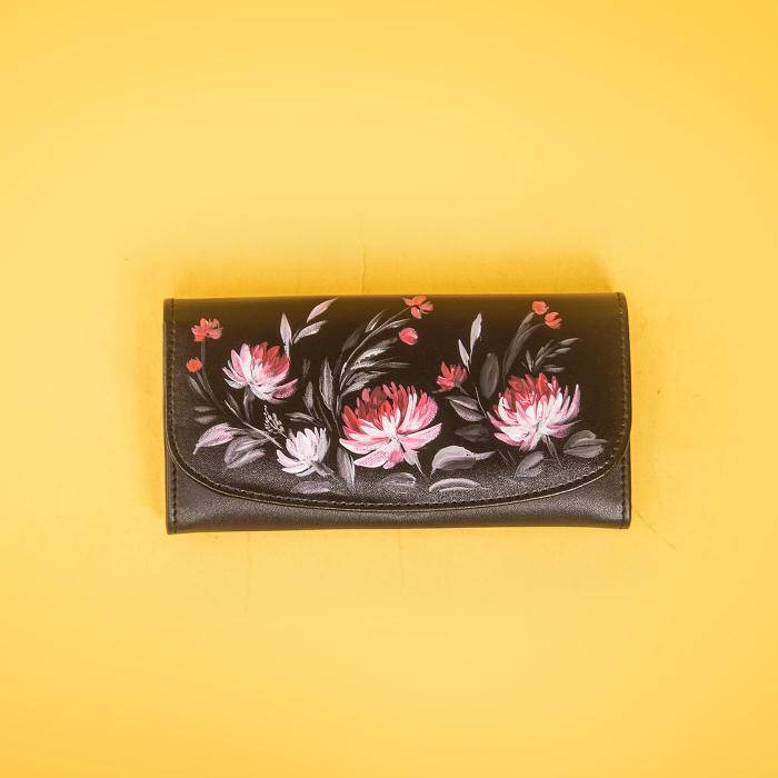 Faux Leather Black Flap Wallet with Floral Art