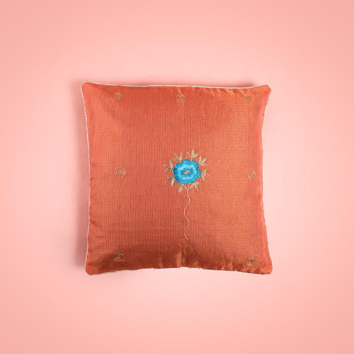 Hand-embroidered Red Kota Festive with Blue Floral Cushion Cover - 40 x 40 cm