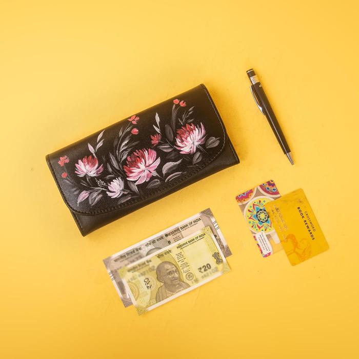 Faux Leather Black Flap Wallet with Floral Art