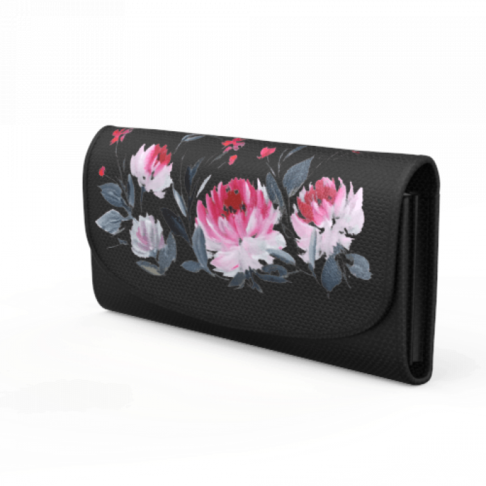 Faux Leather Black Flap Wallet with Floral Art