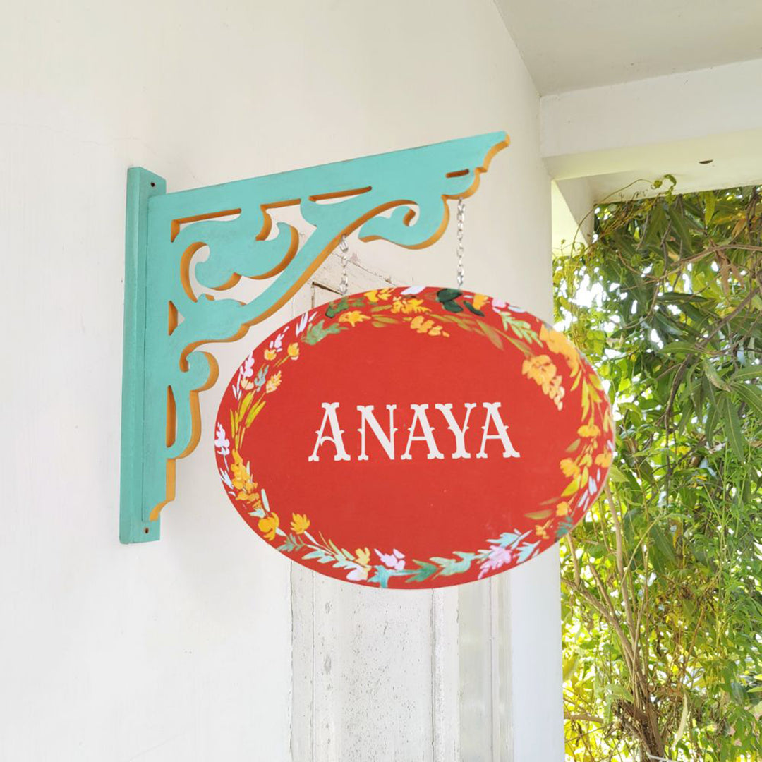 Hand Painted Oval Hanging Floral Name Plate 4 - Hanging Sign Mounted on Wall Bracket