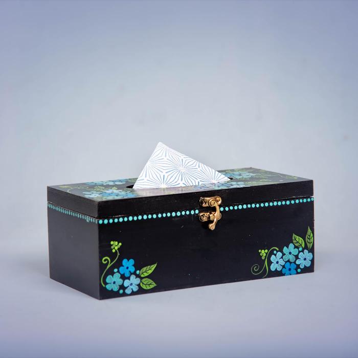 Black Tissue Box with Blue Yarrows