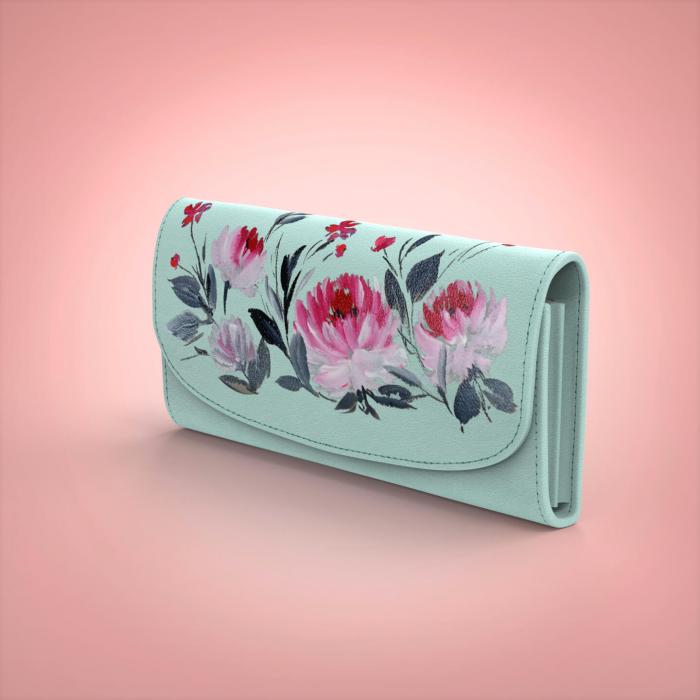 Blue Faux Leather Flap Wallet with Pink Floral Art