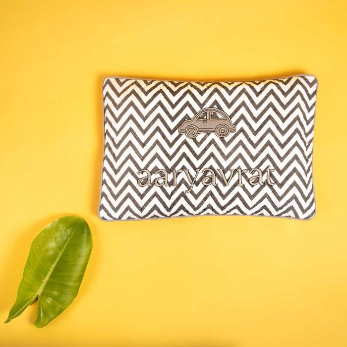 Personalized Grey Chevron with Car Motif Pillow Cover