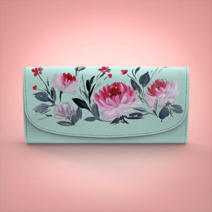 Blue Faux Leather Flap Wallet with Pink Floral Art